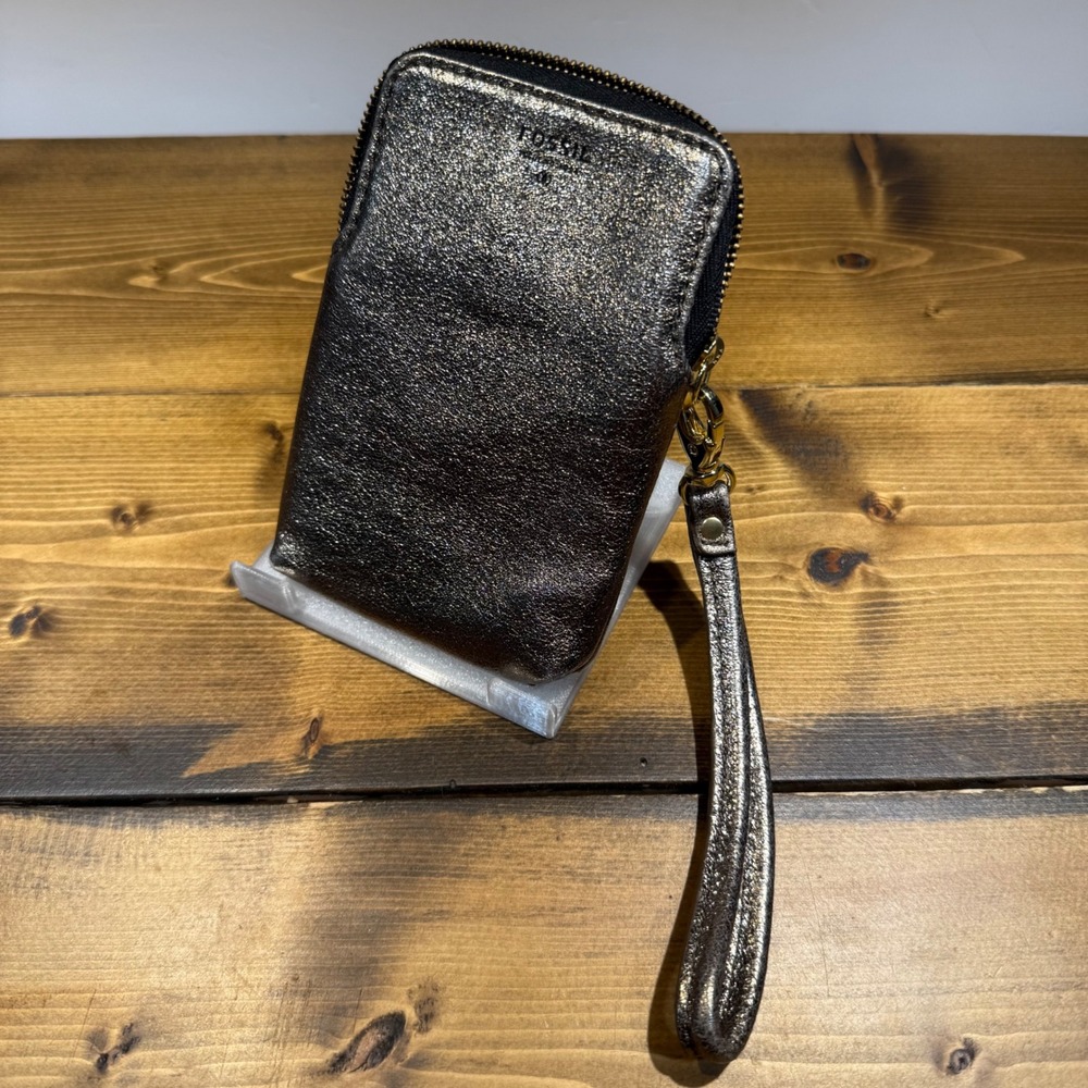 Fossil Metallic Black Zip Around Wallet‎ Wristlet Shimmer Leather